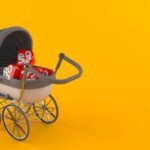 Percent numbers inside stroller isolated on orange background. 3d illustration