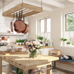 3D RENDERING. retro kitchen in a cottage with sleeping cat.